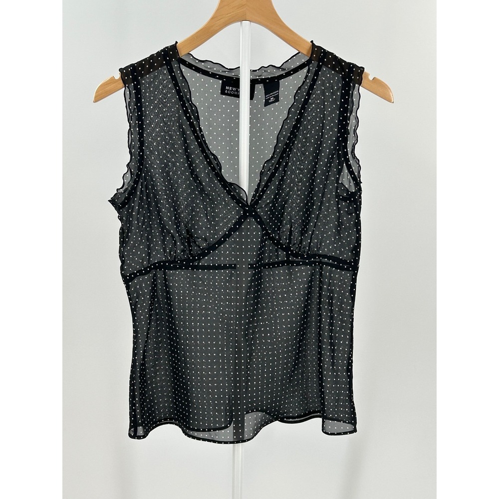 New York & Company Black Polka Dot Sheer Mesh V-Neck Sleeveless Blouse Medium